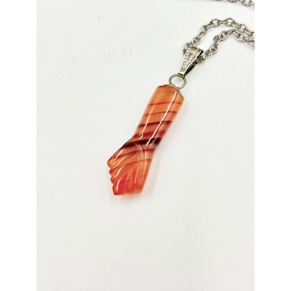 Vintage Striped Agate Mano Figa Pendant Necklace Genuine Stone Silver Tone Chain - Picture 5 of 7